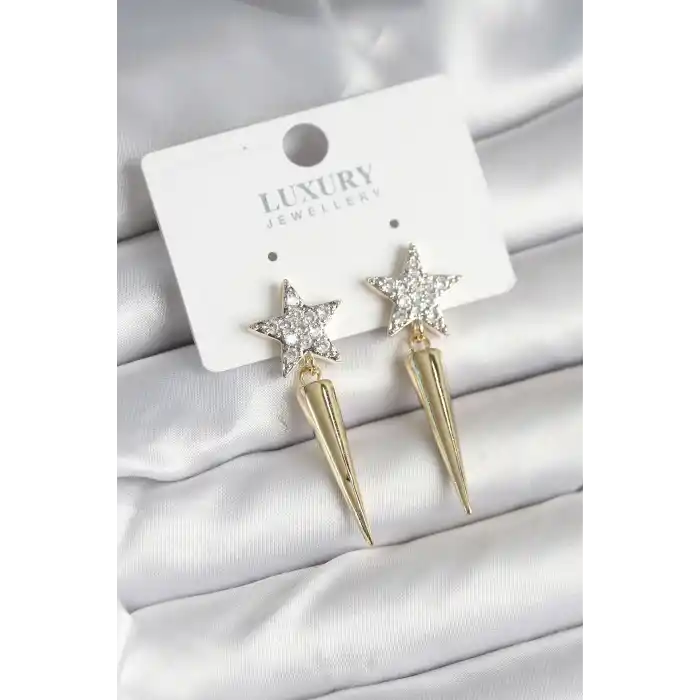 Pirinç Gold Renk Zirkon Taşlı Yıldız Model Çivi Kadın Küpe
