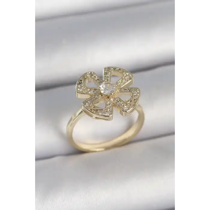 Pirinç Gold Renk Zirkon Taşlı Yonca Model Ayarlanabilir Kadın Yüzük