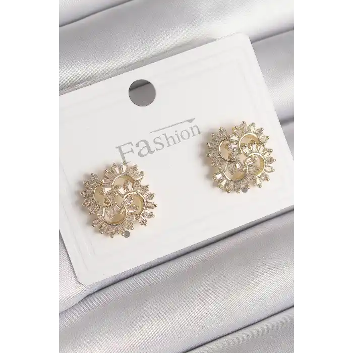 Pirinç Gold Renk Zirkon Taşlı Yonca Model Kadın Küpe
