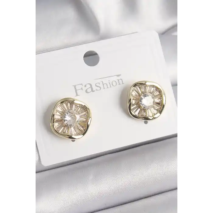 Pirinç Gold Renk Zirkon Taşlı Yonca Model Kadın Küpe