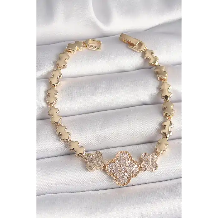Pirinç Gold Renk Zirkon Taşlı Yonca Model Zincir Kadın Bileklik