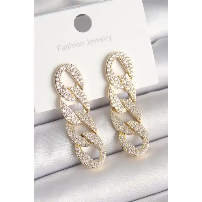 Pirinç Gold Renk Zirkon Taşlı Zincir Model Kadın Küpe