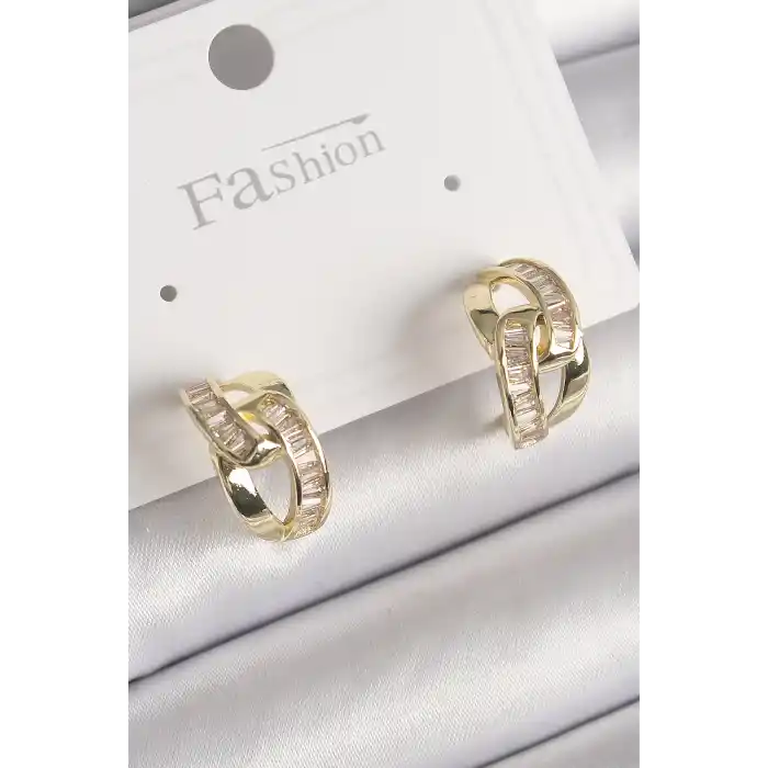 Pirinç Gold Renk Zirkon Taşlı Zincir Model Kadın Küpe