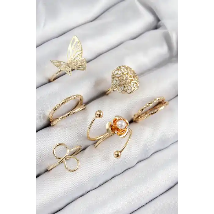 Pirinç Gül Kelebek Model Gümüş Renk Kadın Yüzük Kombin Set