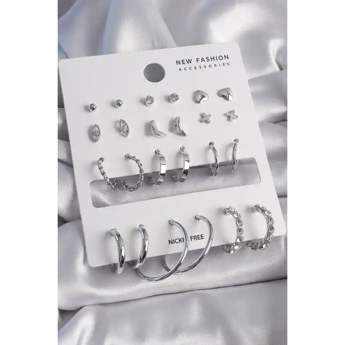 Pirinç Gümüş Renk 12 Çift Kadın Küpe Seti