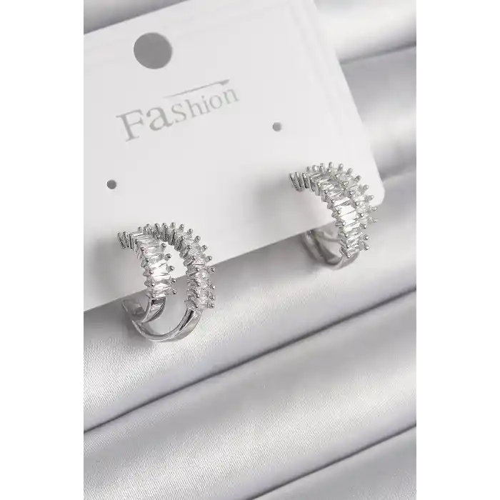 Pirinç Gümüş Renk 2Li Zirkon Taşlı Halka Model Kadın Küpe