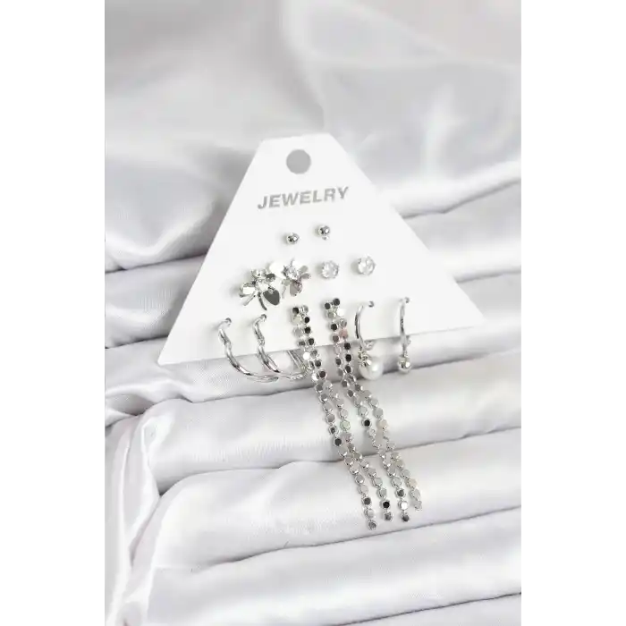 Pirinç Gümüş Renk 6 Çift Kadın Küpe