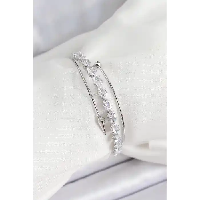 Pirinç Gümüş Renk Arpa Zirkon Taşlı Kadın Bileklik