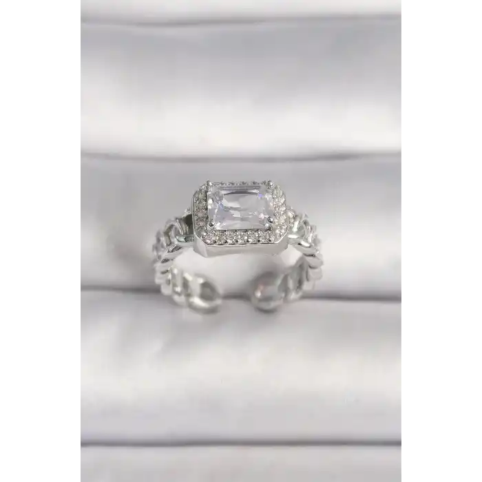 Pirinç Gümüş Renk Ayarlanabilir Zincir Kare Zirkon Taşlı Kadın Yüzük