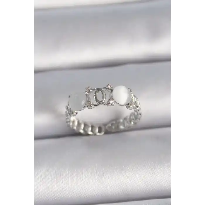 Pirinç Gümüş Renk Ayarlanabilir Zirkon Taşlı Beyaz Mineli Birleşik Halka Model Kadın Yüzük