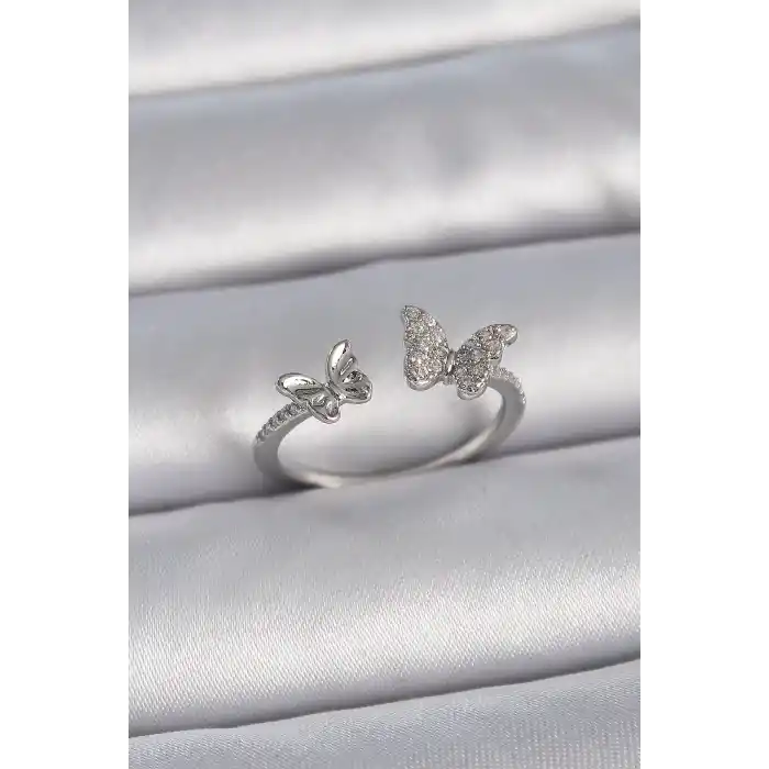 Pirinç Gümüş Renk Ayarlanabilir Zirkon Taşlı Kelebek Model Kadın Yüzük