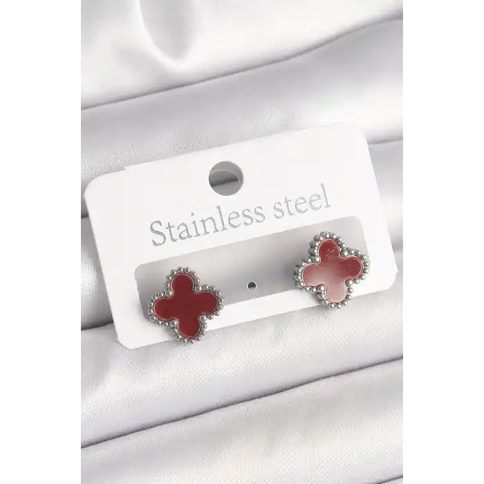 Pirinç Gümüş Renk Bordo Yonca Model Kadın Küpe