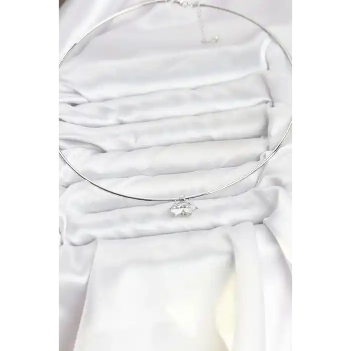 Pirinç Gümüş Renk Choker Model Zirkon Taşlı Kadın Kolye