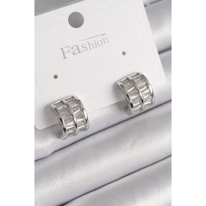 Pirinç Gümüş Renk Çift Sıra Zirkon Taşlı Kadın Küpe