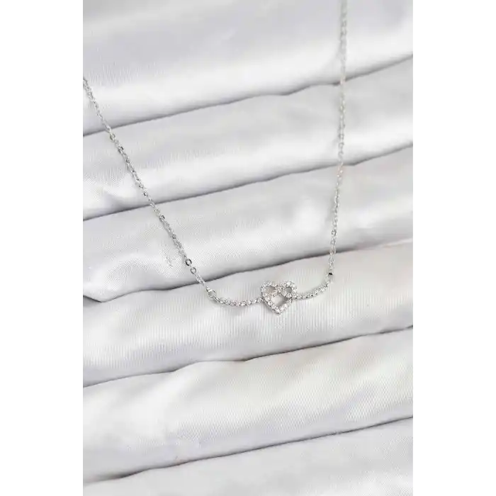 Pirinç Gümüş Renk Düğüm Kalp Model Kadın Kolye
