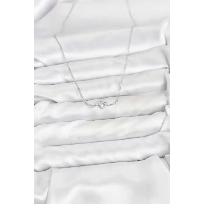 Pirinç Gümüş Renk Düğüm Kalp Model Kadın Kolye