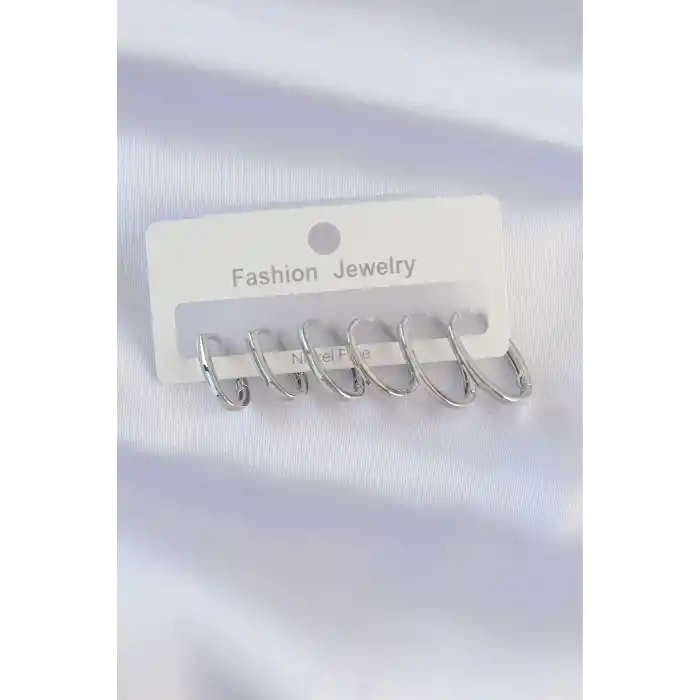 Pirinç Gümüş Renk İnce Oval Küpe Seti
