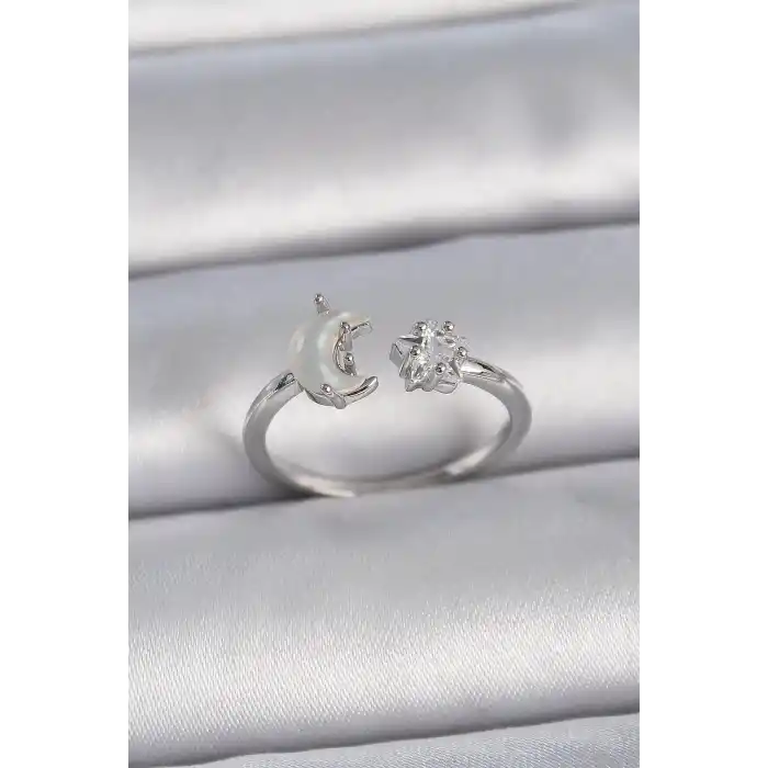 Pirinç Gümüş Renk İncili Hilal Zirkon Taşlı Yıldız Ayarlanabilir Kadın Yüzük