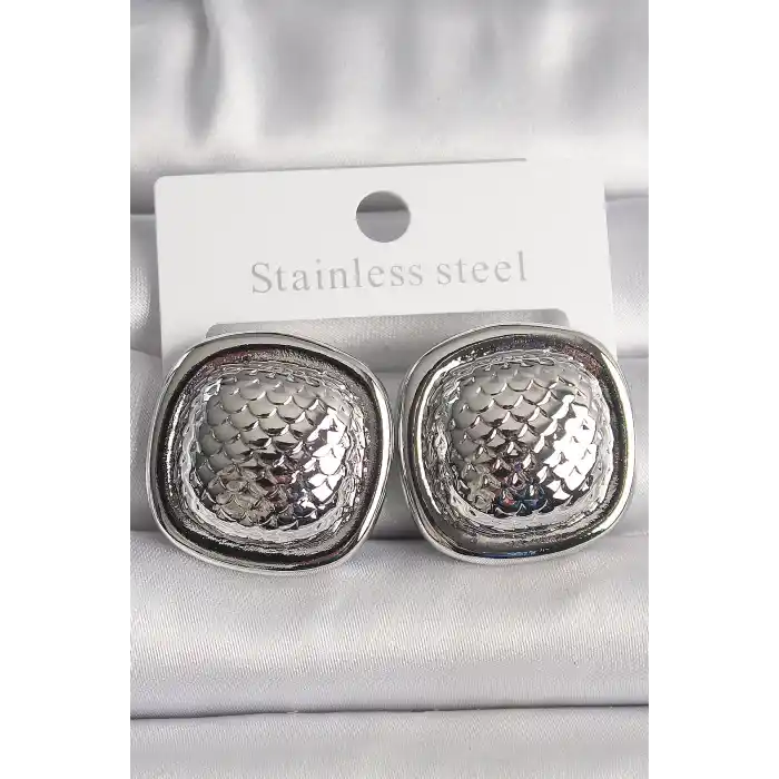 Pirinç Gümüş Renk İşlemeli Kare Model Kadın Küpe