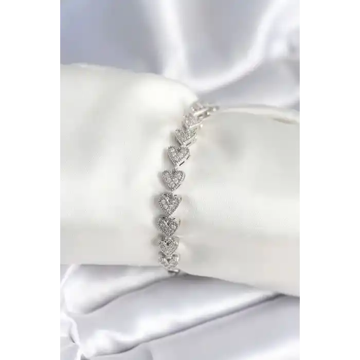 Pirinç Gümüş Renk Kalp Model Kadın Bileklik