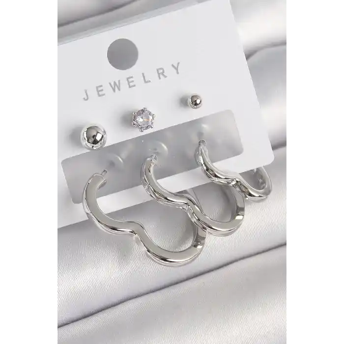 Pirinç Gümüş Renk Kalp Model Zirkon Taş Topçuk Detay Kadın Küpe Seti