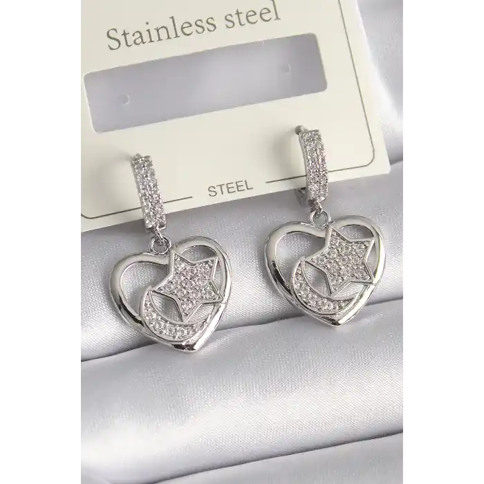 Pirinç Gümüş Renk Kalp Model Zirkon Taşlı Ay Yıldız İşlemeli Kadın Küpe