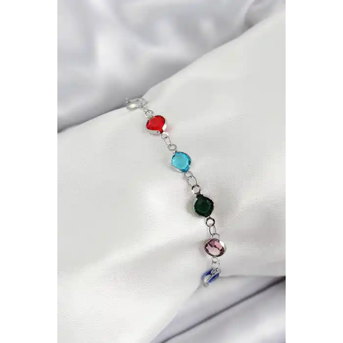 Pirinç Gümüş Renk Karışık Renk Zirkon Taşlı Kadın Bileklik