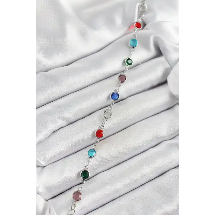 Pirinç Gümüş Renk Karışık Renk Zirkon Taşlı Kadın Bileklik