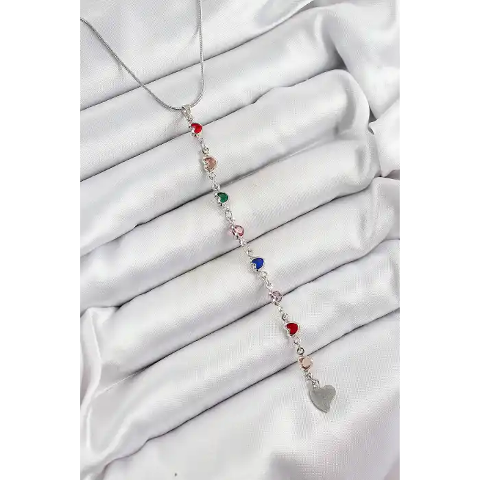 Pirinç Gümüş Renk Karışık Renk Zirkon Taşlı Kalpli Y Kadın Kolye