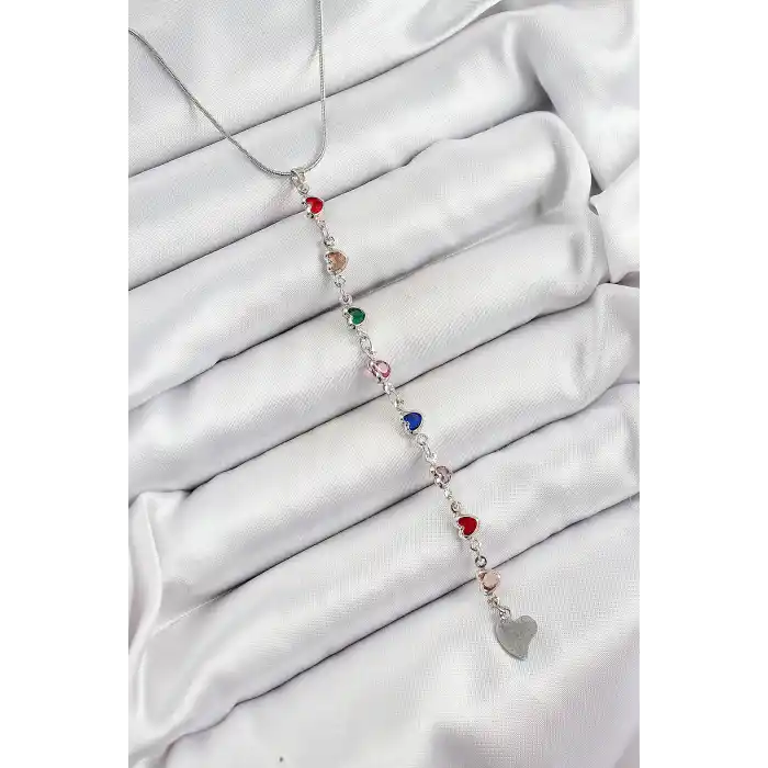 Pirinç Gümüş Renk Karışık Renk Zirkon Taşlı Kalpli Y Kadın Kolye