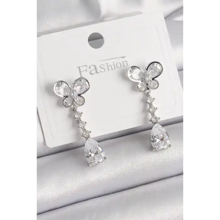 Pirinç Gümüş Renk Kelebek Model Sallantı Damla Zirkon Taşlı Kadın Küpe