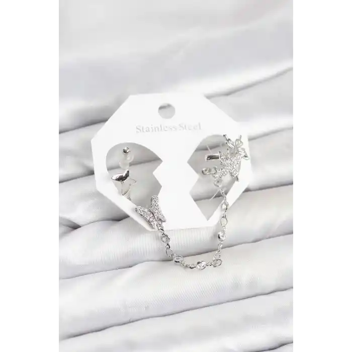 Pirinç Gümüş Renk Kelebek Model Zincir Bağlantılı Ear Cuff Küpe Seti