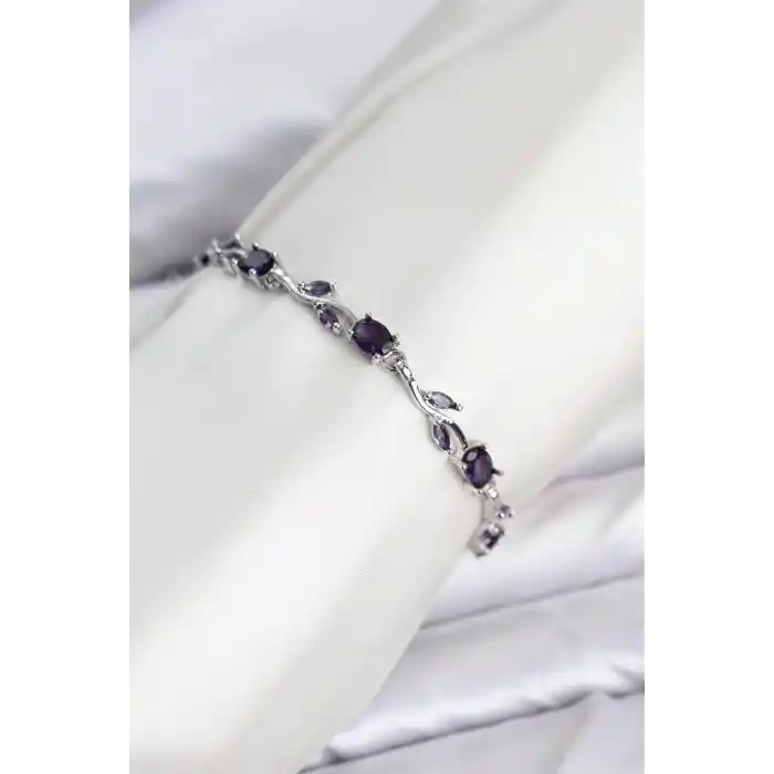 Pirinç Gümüş Renk Mor Zirkon Taşlı Çiçek Model Kadın Bileklik
