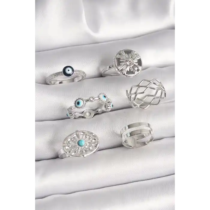 Pirinç Gümüş Renk Nazar Boncuk Zirkon Taş Detaylı Dalga Figür Kadın Yüzük Kombini