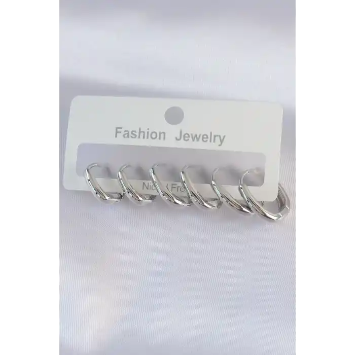 Pirinç Gümüş Renk Oval Küpe Seti