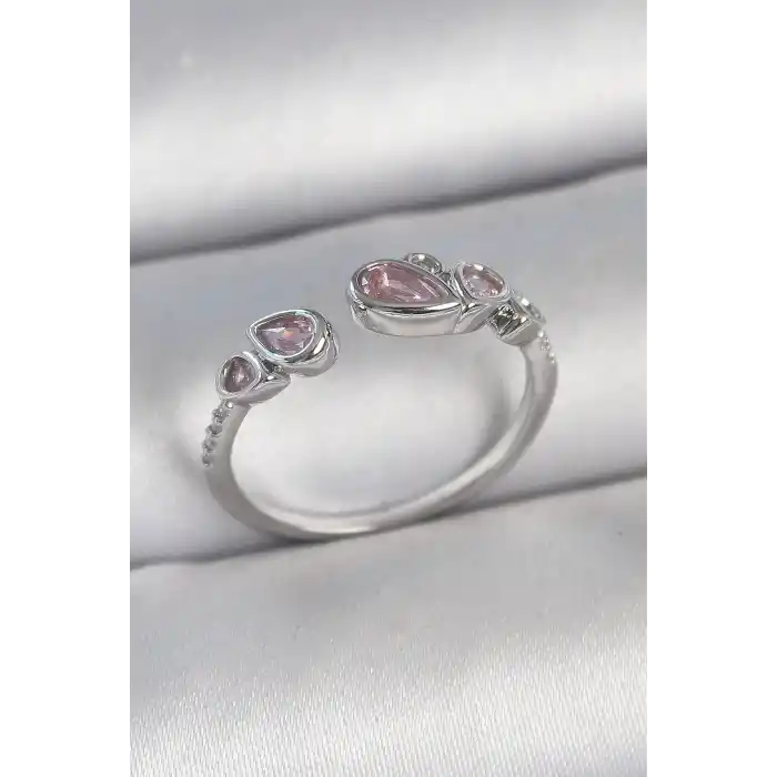 Pirinç Gümüş Renk Pembe Damla Zirkon Taşlı Ayarlanabilir Model Kadın Yüzük