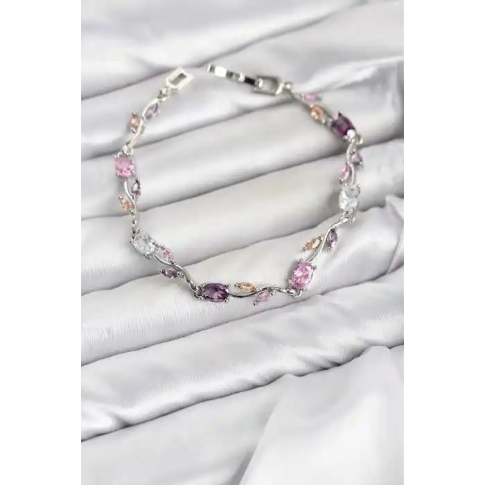 Pirinç Gümüş Renk Pembe ve Mor Zirkon Taşlı Çiçek Model Kadın Bileklik