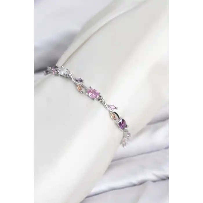 Pirinç Gümüş Renk Pembe ve Mor Zirkon Taşlı Çiçek Model Kadın Bileklik