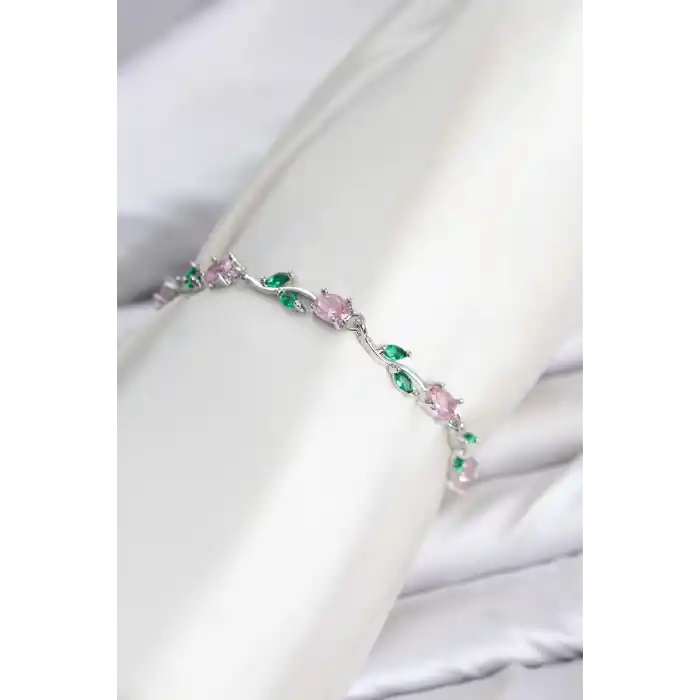 Pirinç Gümüş Renk Pembe Zirkon Taşlı Çiçek Model Kadın Bileklik