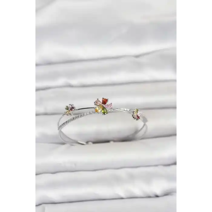 Pirinç Gümüş Renk Renkli Çiçek Model Kadın Bileklik