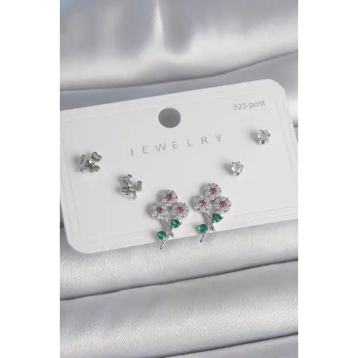 Pirinç Gümüş Renk Renkli Zirkon Taşlı Çiçek Model Yaprak Detay 925 Ayar Gümüş Çivi Kadın Küpe Seti