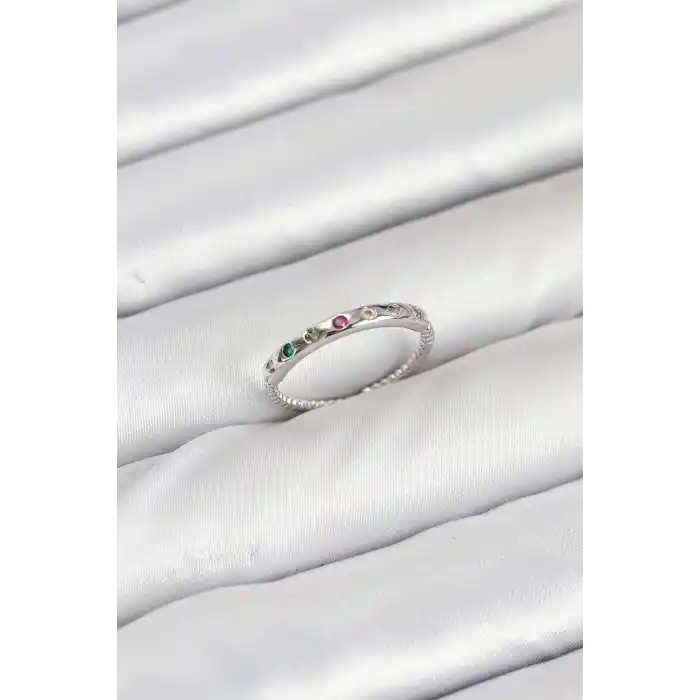 Pirinç Gümüş Renk Renkli Zirkon Taşlı Kadın Yüzük