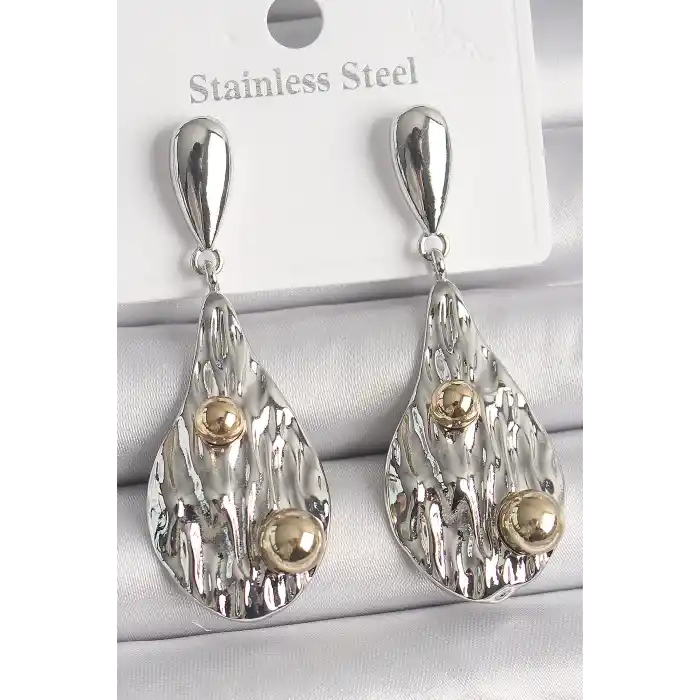 Pirinç Gümüş Renk Sallantı Damla Model Gold Topçuk Detay Kadın Küpe