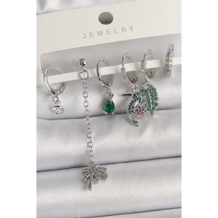 Pirinç Gümüş Renk Sallantı Zirkon Taşlı Ağaç Figür Çoklu Kadın Küpe Seti