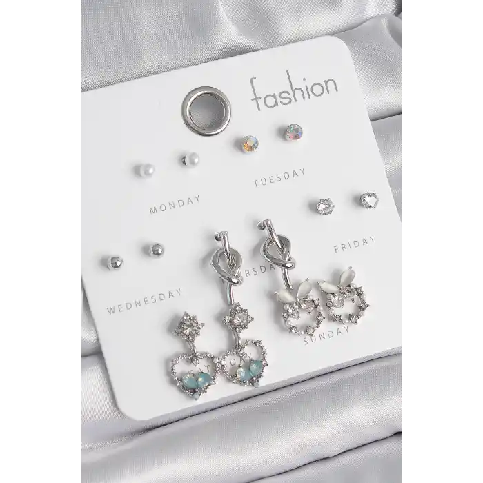 Pirinç Gümüş Renk Sallantı Zirkon Taşlı Kalp Model Düğüm Detay 7 Çift Kadın Küpe Seti