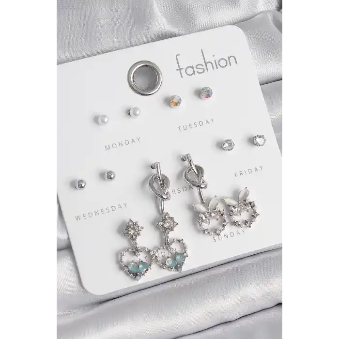 Pirinç Gümüş Renk Sallantı Zirkon Taşlı Kalp Model Düğüm Detay 7 Çift Kadın Küpe Seti