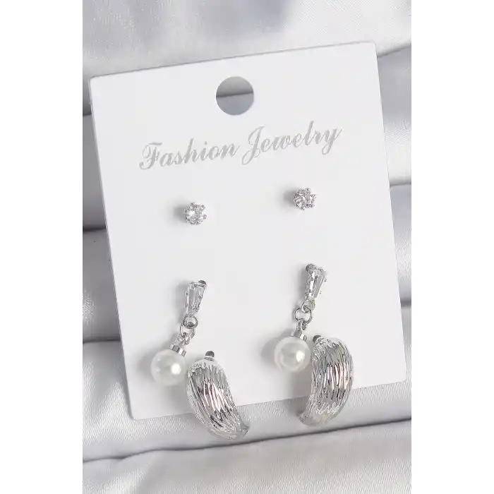 Pirinç Gümüş Renk Sallantılı Zirkon Taşlı Damla Model 3 Çift Kadın Küpe Seti