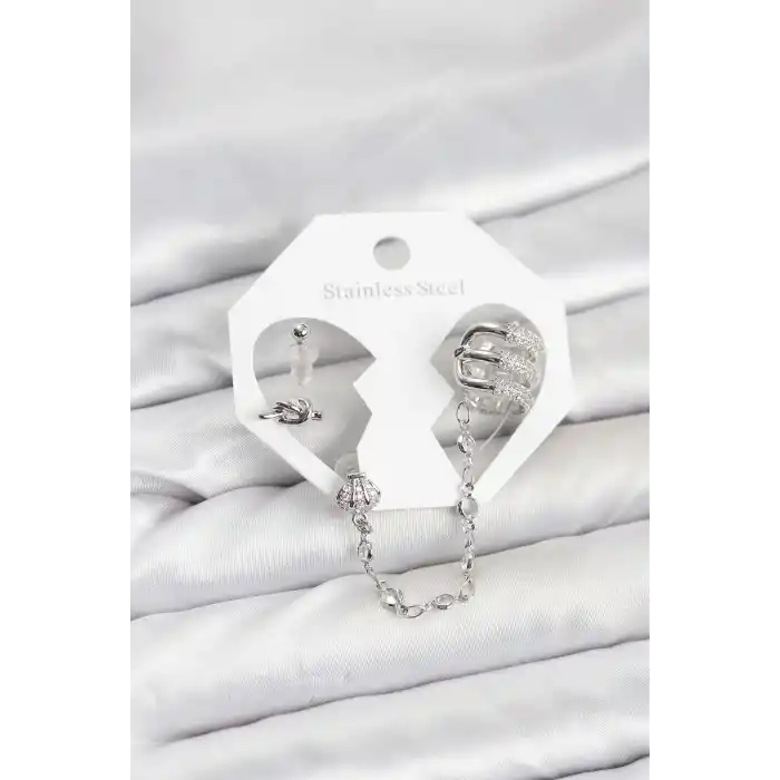 Pirinç Gümüş Renk Sarmal Model Zincir Bağlantılı Ear Cuff Küpe Seti