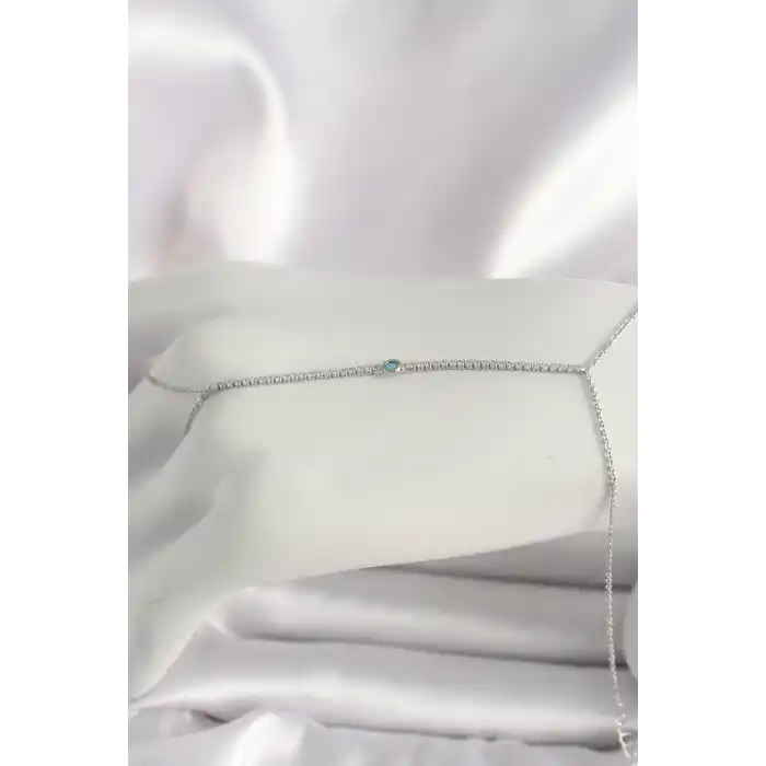 Pirinç Gümüş Renk Su Yolu Zirkon Taşlı Mavi Taş Detaylı Kadın Şahmeran