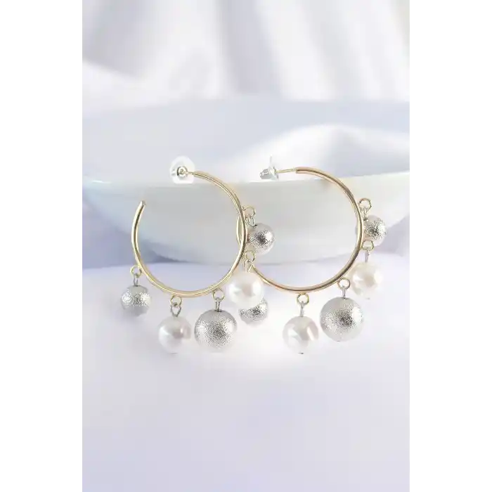 Pirinç Gümüş Renk Topçuk Model Gold Renk Halka Küpe